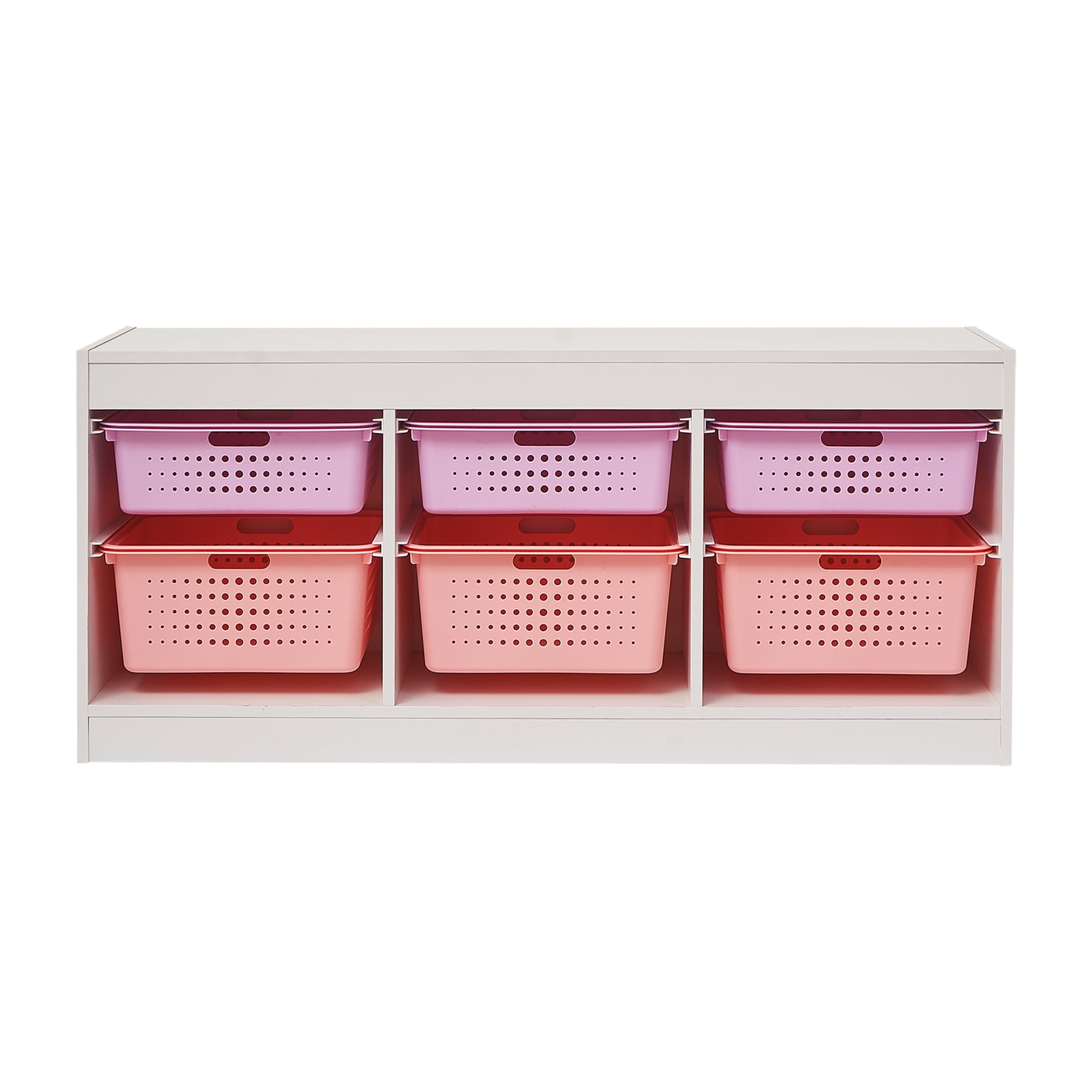Your Zone Wooden Kids Horizontal Sliding Bin Organizer with 6 Storage Bins, Pink, Age 3+