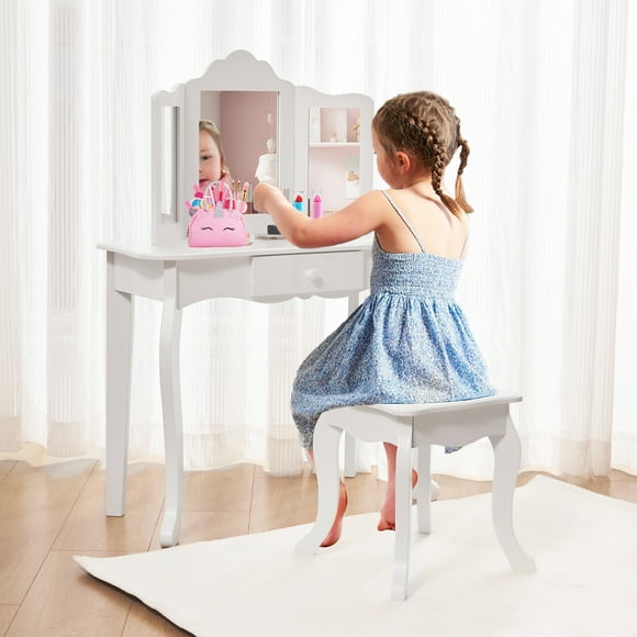 Your Zone Kids Makeup Vanity Set With Table And Stool, White