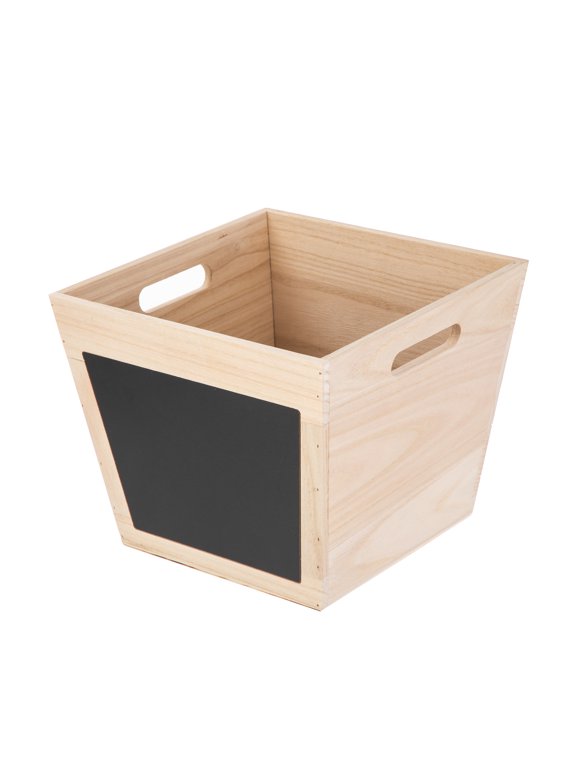 Kids Natural Wood Storage Bin with Chalkboard Label and Cutout Handles, 11 in x 11 in x 9 in