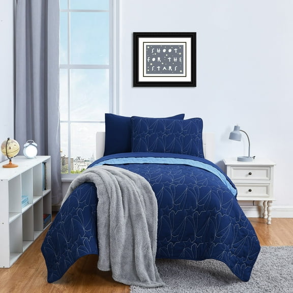 Your Zone Kids Navy Blue and Bright Blue Reversible Quilt Set with Blue Sheets, Stars, Twin, 5 Piece, Microfiber Polyester