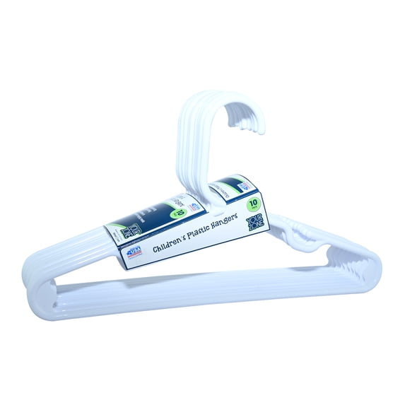 Your Zone Kids' Plastic Clothing Hangers, White, 10 Count, Fits Sizes Up to 8