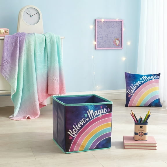 Your Zone Kids Rainbow 3 Piece Set, Includes Storage Cube, Soft 50" x 60" Plush Throw and Decorative Pillow, Multicolor