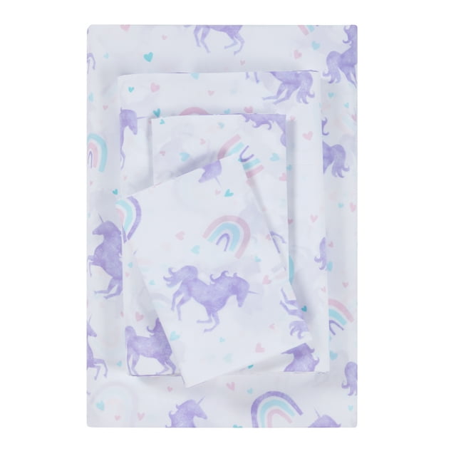 Your Zone Kids Soft Microfiber Sheet Set, Purple Unicorn, Full, 4 Pieces, Easy Care