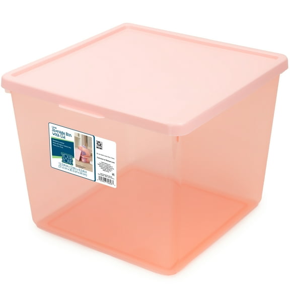 Your Zone Kids Large Tinted Clear Plastic Stacking Storage Bin with Lid, Pink, 12 in x 12.4 in x 9.4 in