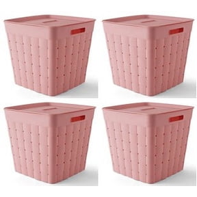 Your Zone Large Weave Plastic Storage Bin with Lid, Pink, 4-Pack