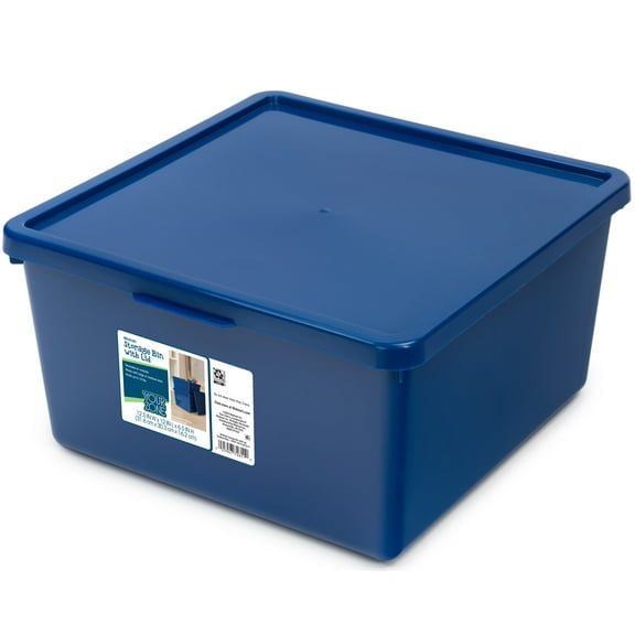 Your Zone Kids Medium Plastic Stacking Storage Bin with Lid, Blue, 12 in x 12.4 in x 6.3 in
