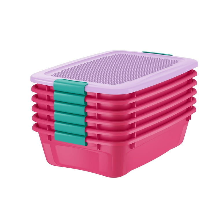 Your Zone Medium Storage Bin with Brick Play Lid, Pink - Set of 6