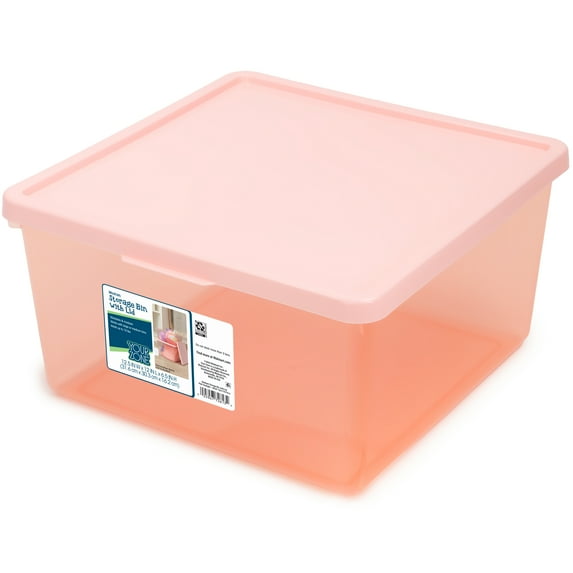 Your Zone Kids Medium Tinted Clear Plastic Stacking Storage Bin with Lid, Pink, 12 in x 12.4 in x 6.3 in