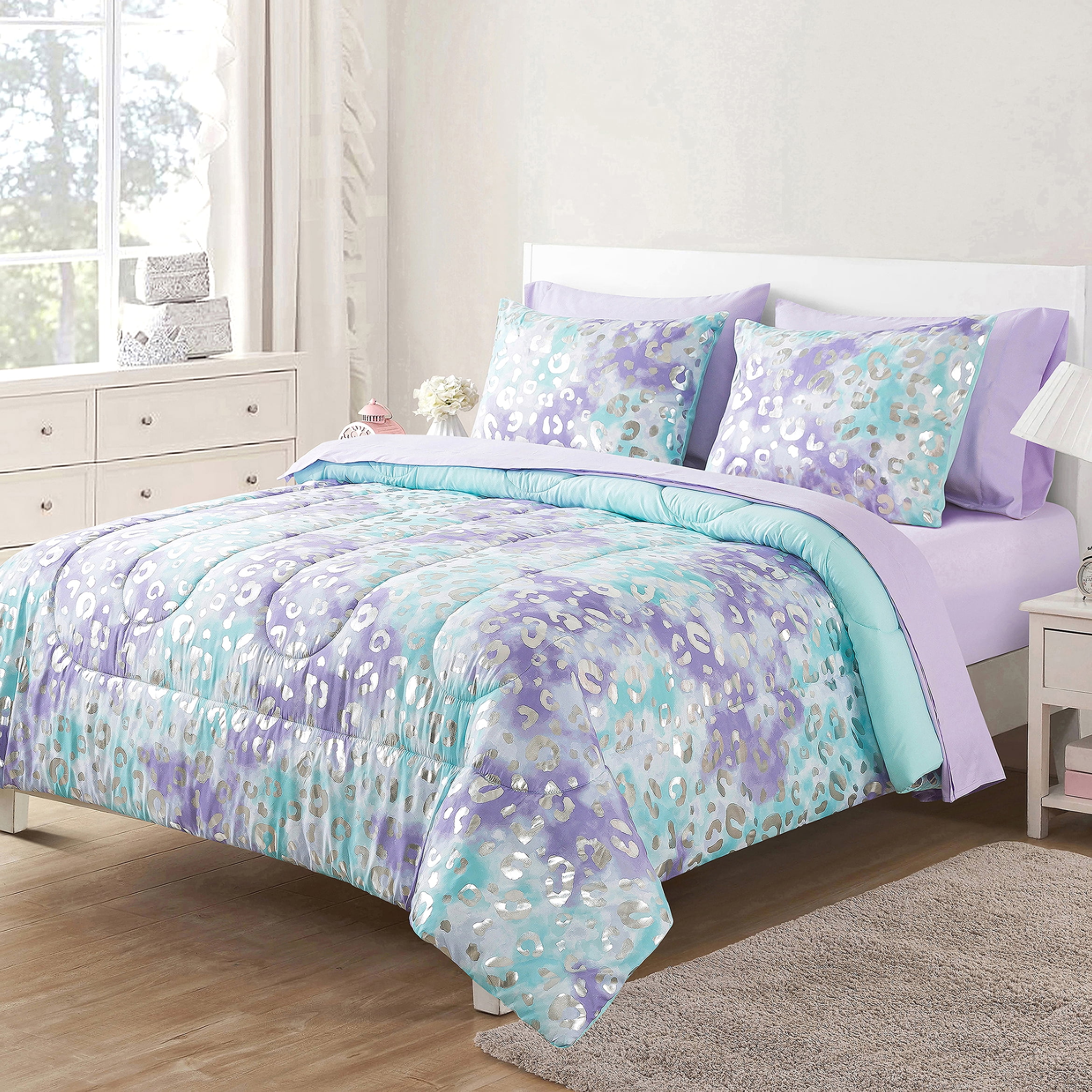 Your Zone 7-Piece Purple Metallic Foil Cheetah Bedding Set for Kids with Storage Bag, Full, image size:2340x2340