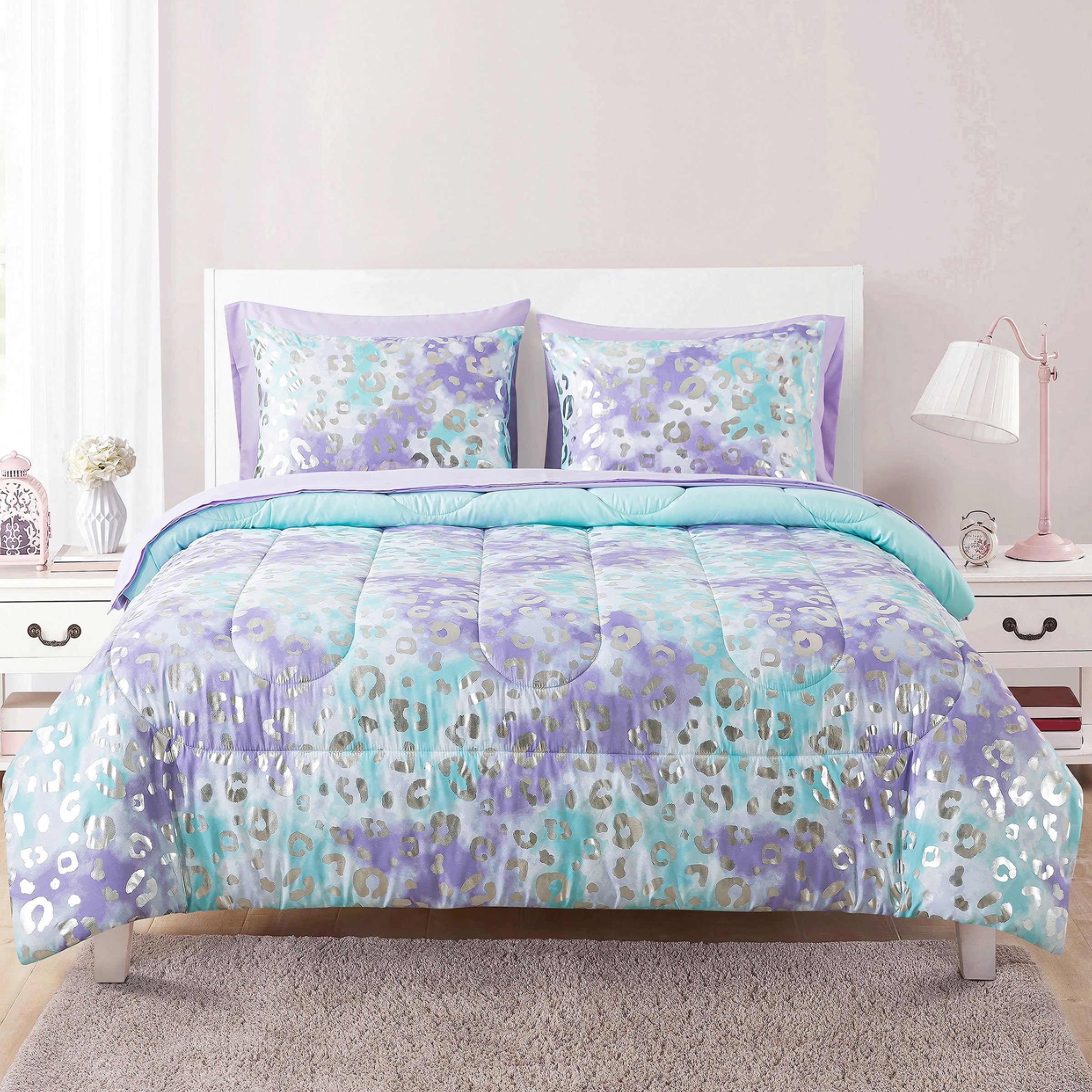 Your Zone 5-Piece Purple Metallic Foil Cheetah Bedding Set for Kids with Storage Bag, Twin