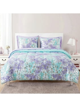 Your Zone Metallic Foil Cheetah Twin Bedding Set for Kids, Purple, 5 Pieces with Storage Bag