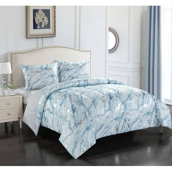 Your Zone Metallic Marble Comforter Bedding Set, Full/Queen, Silver
