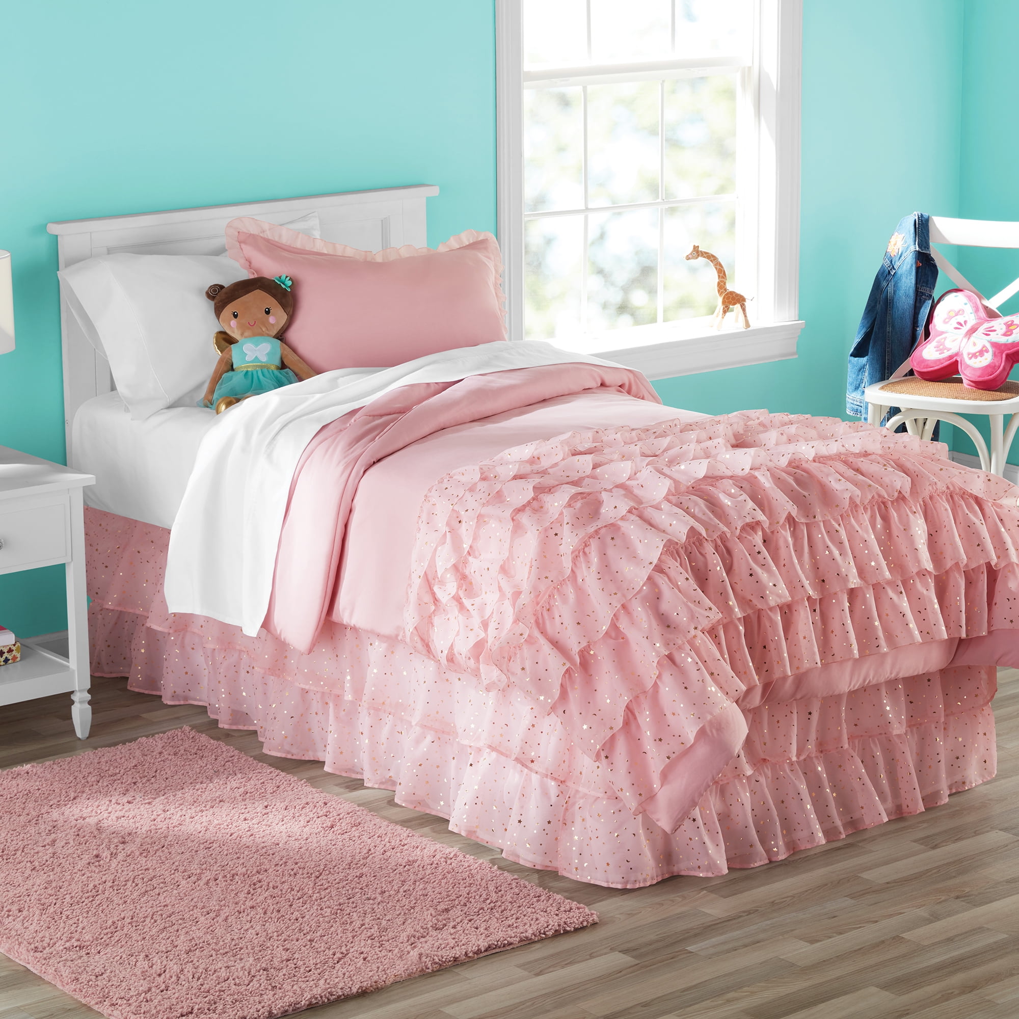 Your Zone Nova Organza Ruffle Layers 2 Piece Comforter and Sham Set, Twin, Blush (Skirt not included)