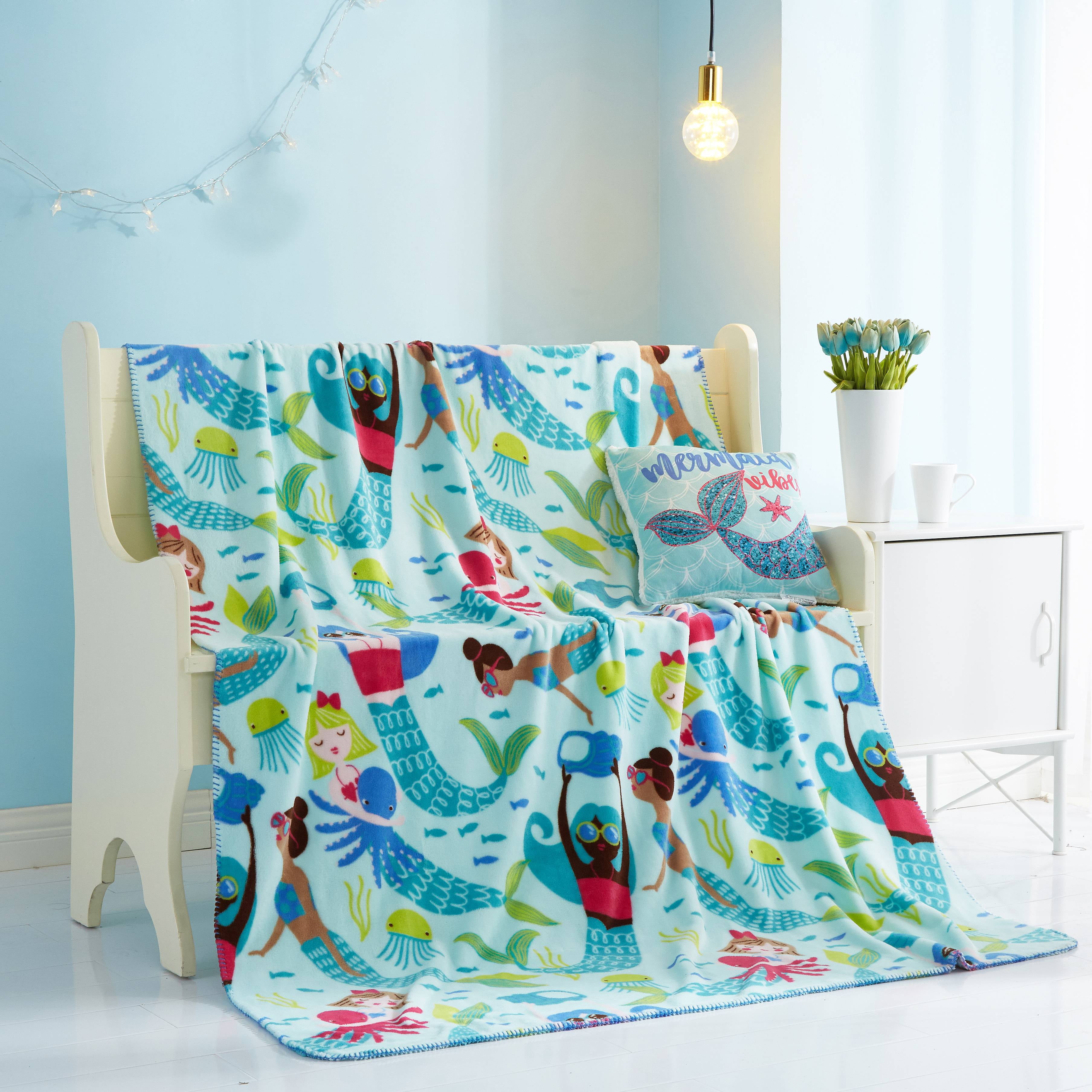 Your Zone Pillow Throw Combo Kid Friendly Blue Mermaid Ocean Polyester