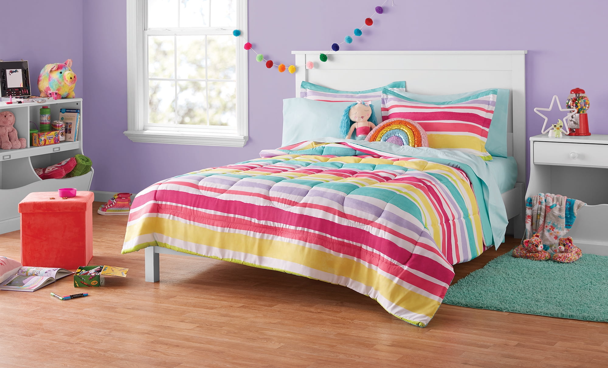 Your Zone 7 Piece Pink Rainbow Stripe Reversible Polyester Bedding Set for Kids, Full