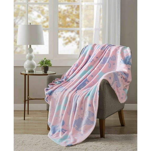 Your Zone Pink Unicorn Polyester Velvet Plush Glow in the Dark XL Oversized Throw Blanket, 50 X72 inches, Kids