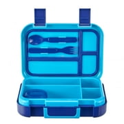 Your Zone Kids Bento Lunch Box, 4-Compartment Food Container with Utensils & Dressing Cup, Blue