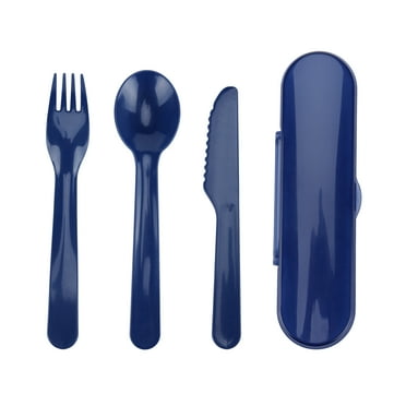 Your Zone 4 Count Blue Plastic Utensil Set with Fork, Spoon, Knife, and Travel Container