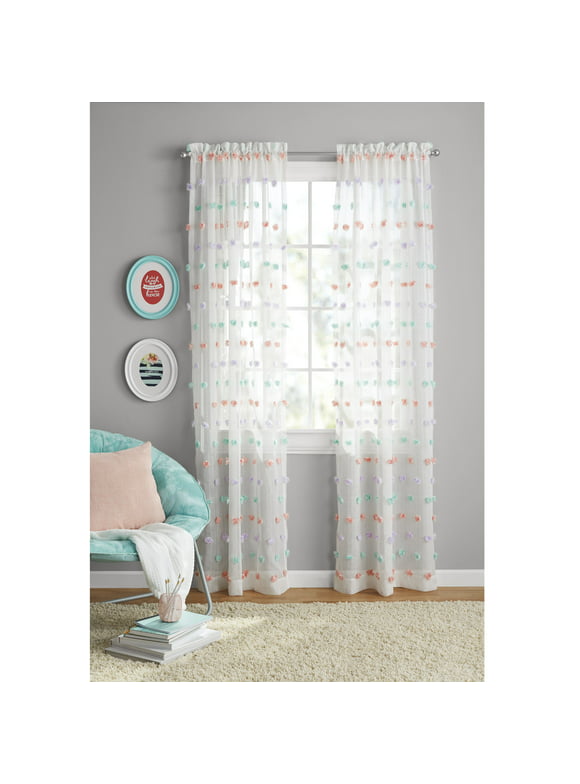 Your Zone Pom Pom Girls Bedroom Single Curtain Panel, 38" x 84", Multicolor