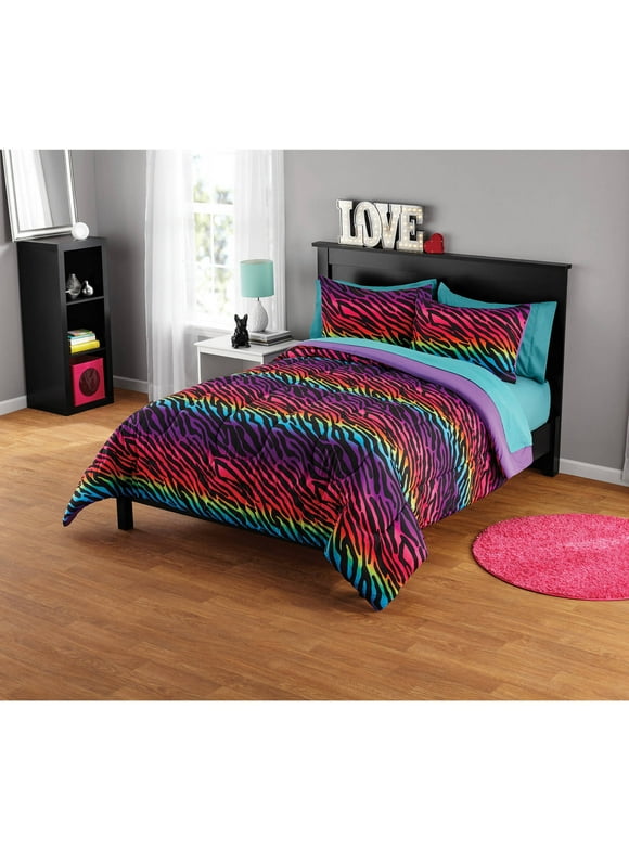 Your Zone Rainbow Zebra Bedding Set w/ Reversible Comforter
