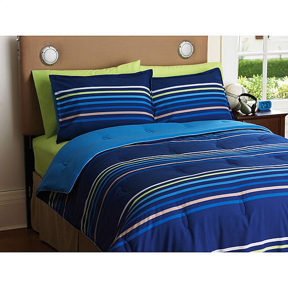 Your Zone Reversible Comforter and Sham Set, Blue Stripe/Cobalt