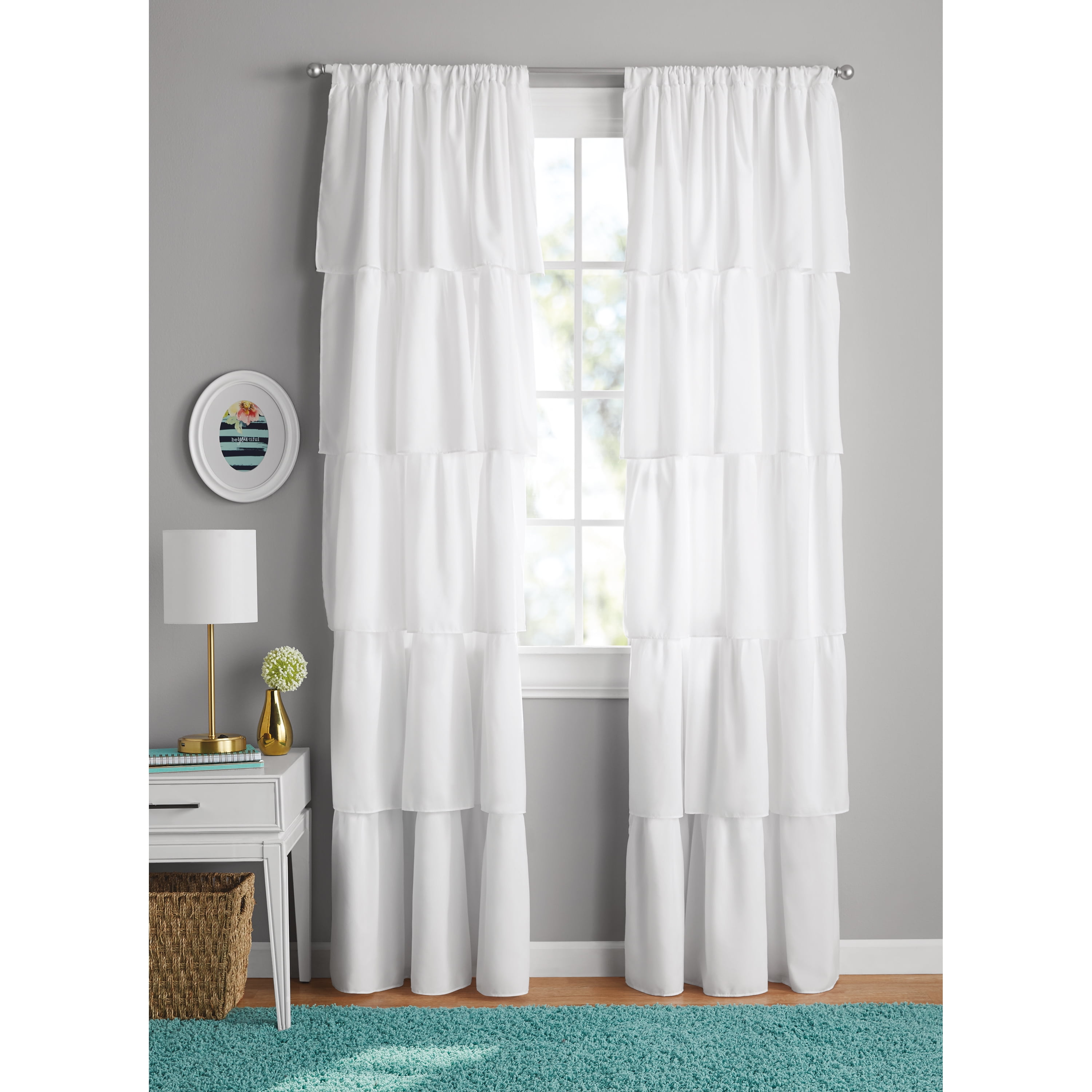 Your Zone Ruffle Girls Bedroom Single Curtain Panel, 42" W x 84"L, White
