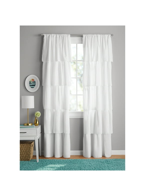 Your Zone Ruffle Girls Bedroom Single Curtain Panel, 42" x 84", White