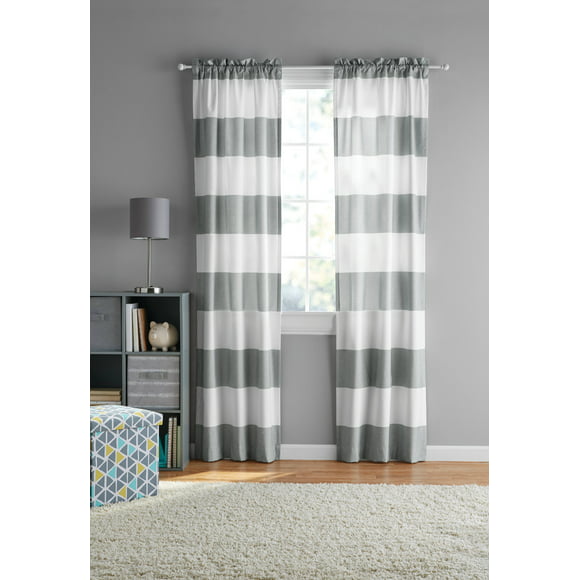Your Zone Silver Cabana Stripe Room Darkening Rod Pocket Panel Curtains, 30 in x 84 in (2 Panels)