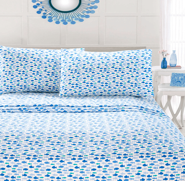 Your Zone Soft Microfiber Sheet Set, Blue Fish Print, Full