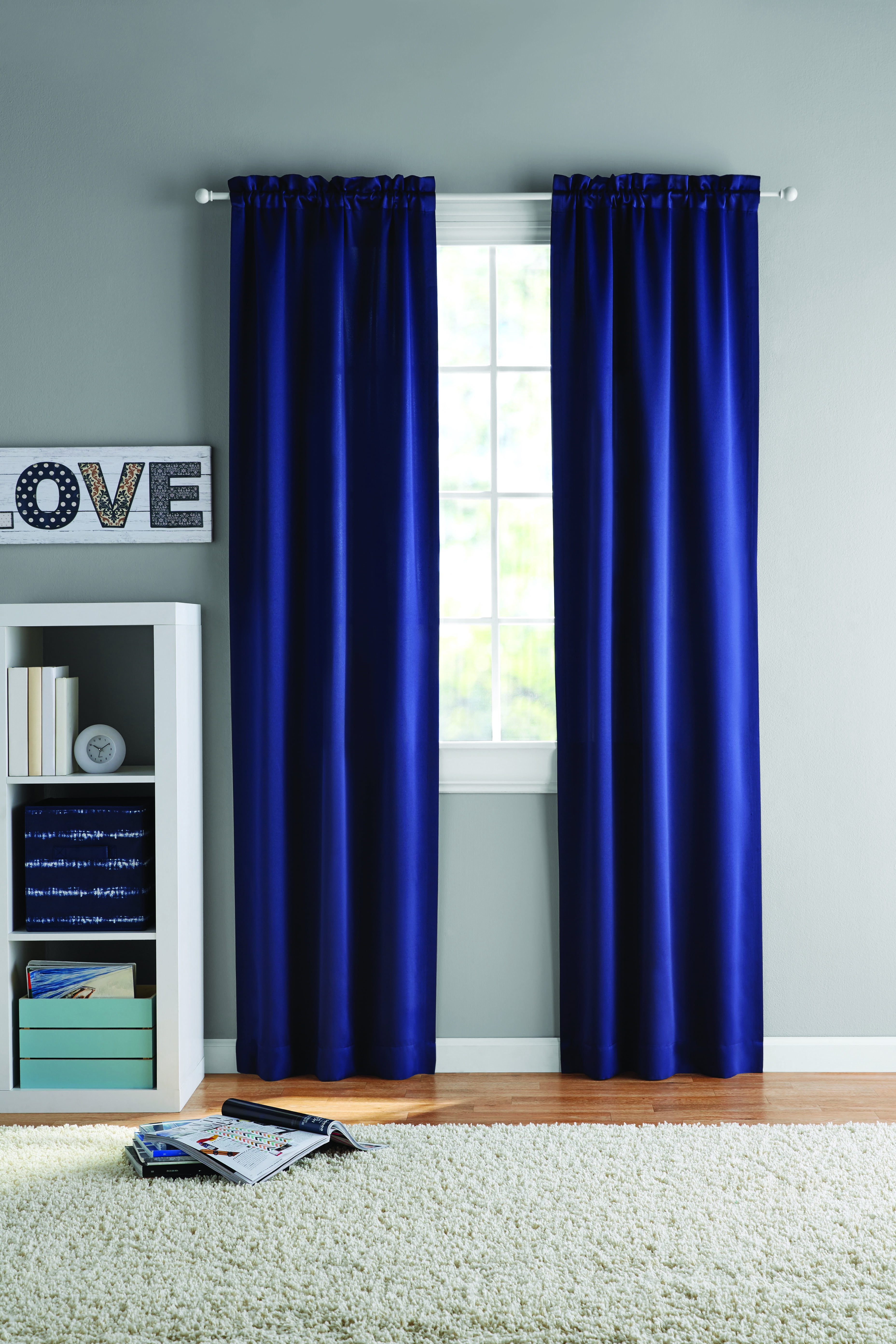 Your Zone Solid Blackout Rod Pocket Curtain Panel Pair, Navy, 30" W x 84" L