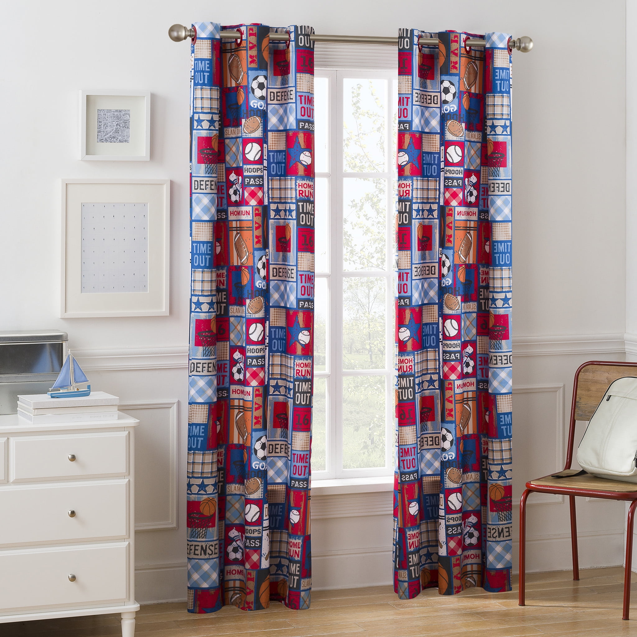 Your Zone Kids Sports Patch Room Darkening Grommet Single Curtain Panel, 42 in x 84 in, Multicolor
