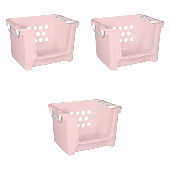 Your Zone Kids Open Front Stacking Toy Storage Bin with Handles, Pink, 3 Pack