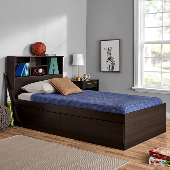 Your Zone Easy to Assemble Storage Bed with Bookcase Headboard, Twin, Espresso Finish