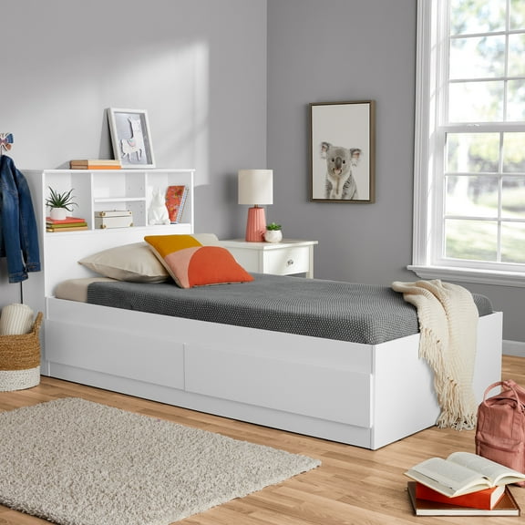 Your Zone Easy to Assemble Storage Bed with Bookcase Headboard, Twin, White Finish