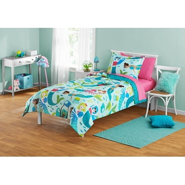 Your Zone Teal and Pink Mermaid Twin Bedding Set for Kids, Machine Wash, 5 Pieces