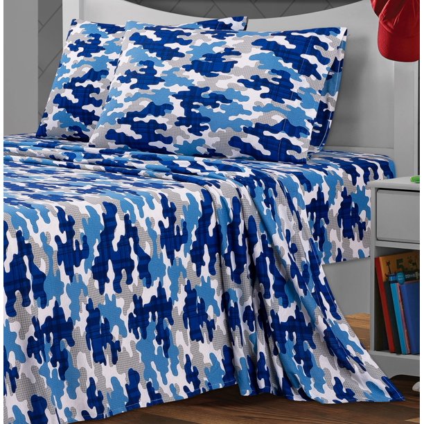 Your Zone Teens Jersey Camo Sheet Set, Queen, Blue , 4 Pcs