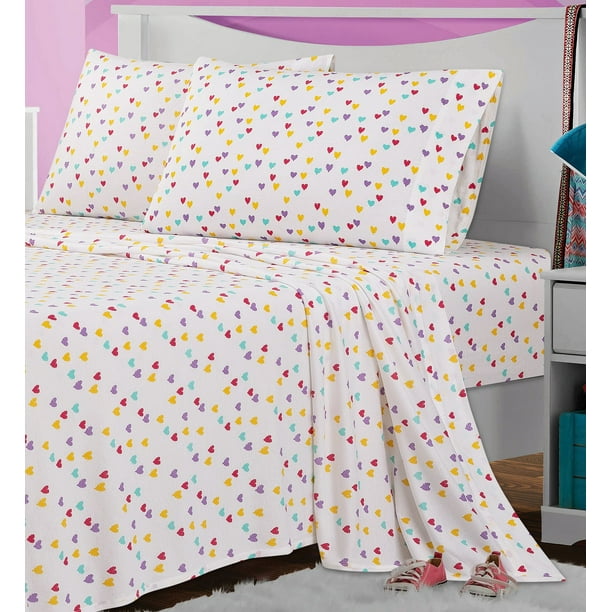 Your Zone Teens Jersey Hearts Sheet Set, Queen, Multicolor, 4 Pcs