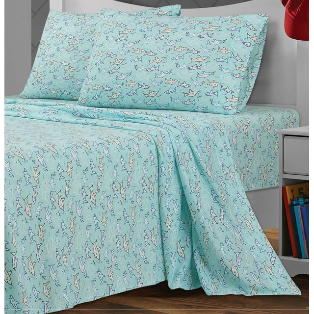 Your Zone Teens Jersey Shark Sheet Set, Queen, Blue, 4 Pcs