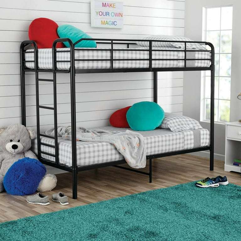 Your Zone Twin Over Twin Metal Bunk Bed With Ladder For Kids Bedroom, Black  - Walmart.Com