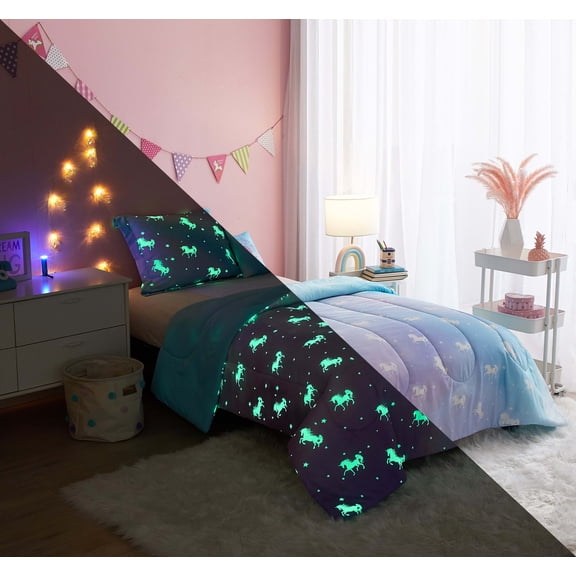 Your Zone Unicorn 5 Piece Glow In the Dark Comforter Set with Bonus String Light, Full