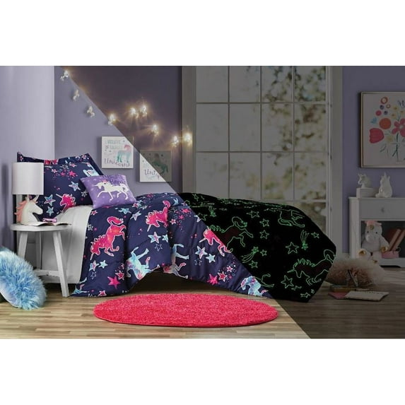 Your Zone Unicorn 5 Piece Glow In the Dark Comforter Set with Bonus String Light, Twin/Twin XL