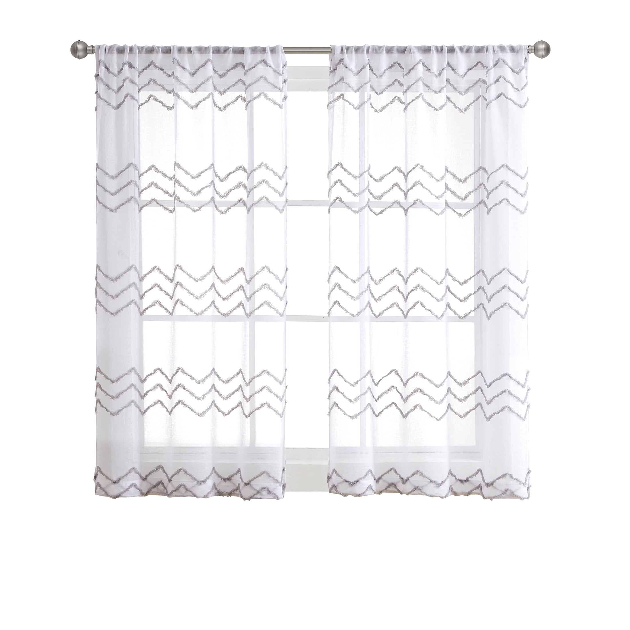 Your Zone White/Grey Tufted Chevron Rod Pocket Sheer Curtain Panel, 38" x 54"