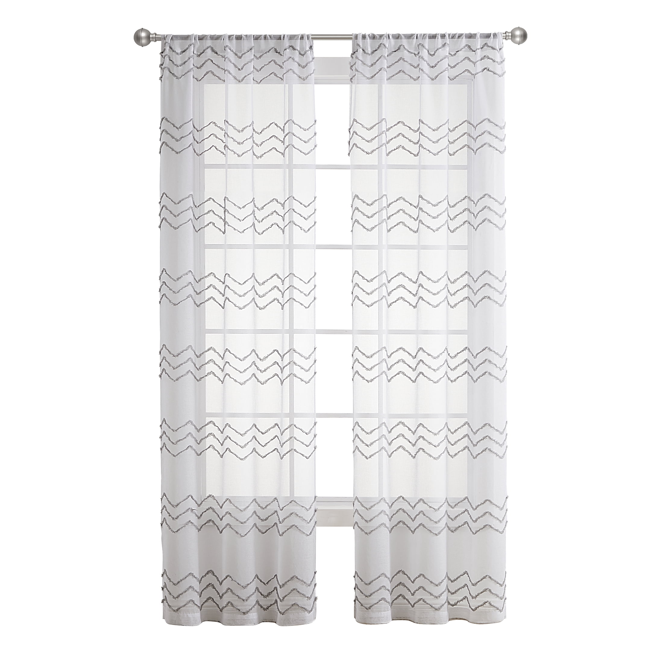Your Zone White/Grey Tufted Chevron Rod Pocket Sheer Curtain Panel, 38\, image size:2200x2200