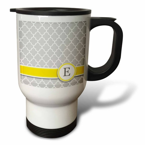 3dRose, Your personal name initial letter E - monogrammed grey quatrefoil pattern - personalized yellow gray, 14oz Stainless Steel Travel Mug