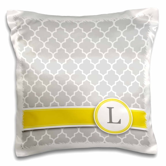 3dRose, Your personal name initial letter L - monogrammed grey quatrefoil pattern - personalized yellow gray, 16x16 inch Pillow Case