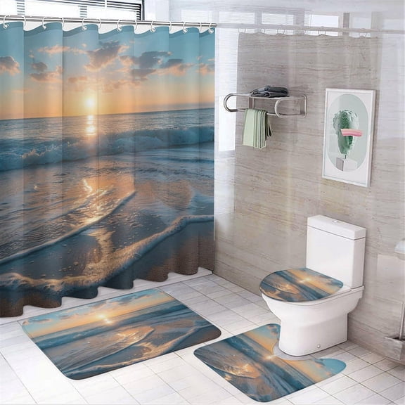 YourPrint 4 Piece Coastal Sunset Waves Bathroom Set with Mats