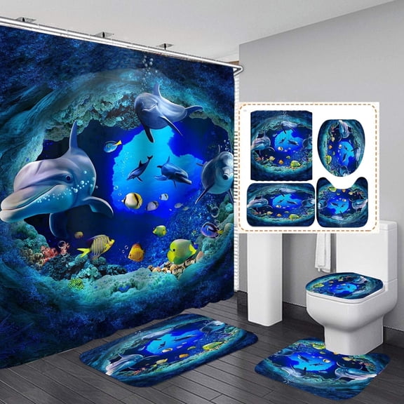YourPrint 4-Piece Dolphin Shower Set with Blue Ocean Theme,Waterproof Polyester Non-Slip Mats Bathroom Decor Set