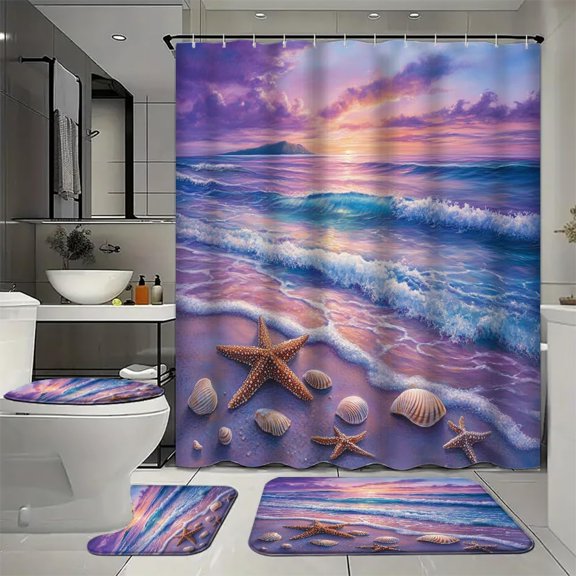 YourPrint 4 Piece Purple Sunset Waves Bathroom Set with Mats