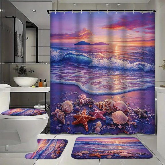 YourPrint 4 Piece Purple Sunset Waves Bathroom Set with Mats