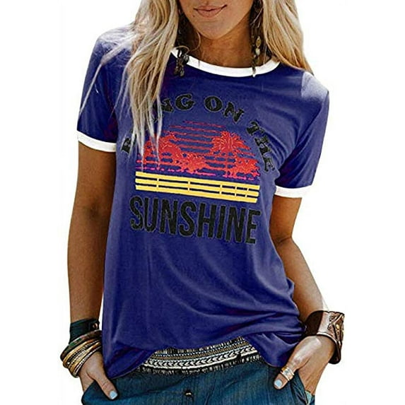 YourTops Women Bring On The Sunshine T-Shirt Women Graphic T-Shirt Women Top (L, Dark Blue)